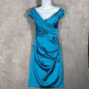 Talbot Runhof 10/40 Teal Mobina4 Ruched Off Shoulder Duchess Satin Sheath Dress